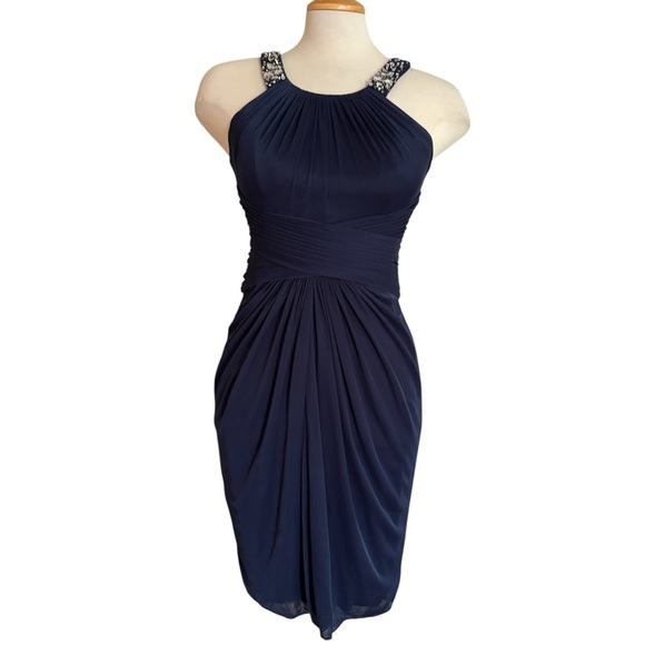 David's Bridal Navy Blue Sleeveless Cocktail Dress with Jeweled Halter Straps - Picture 1 of 3